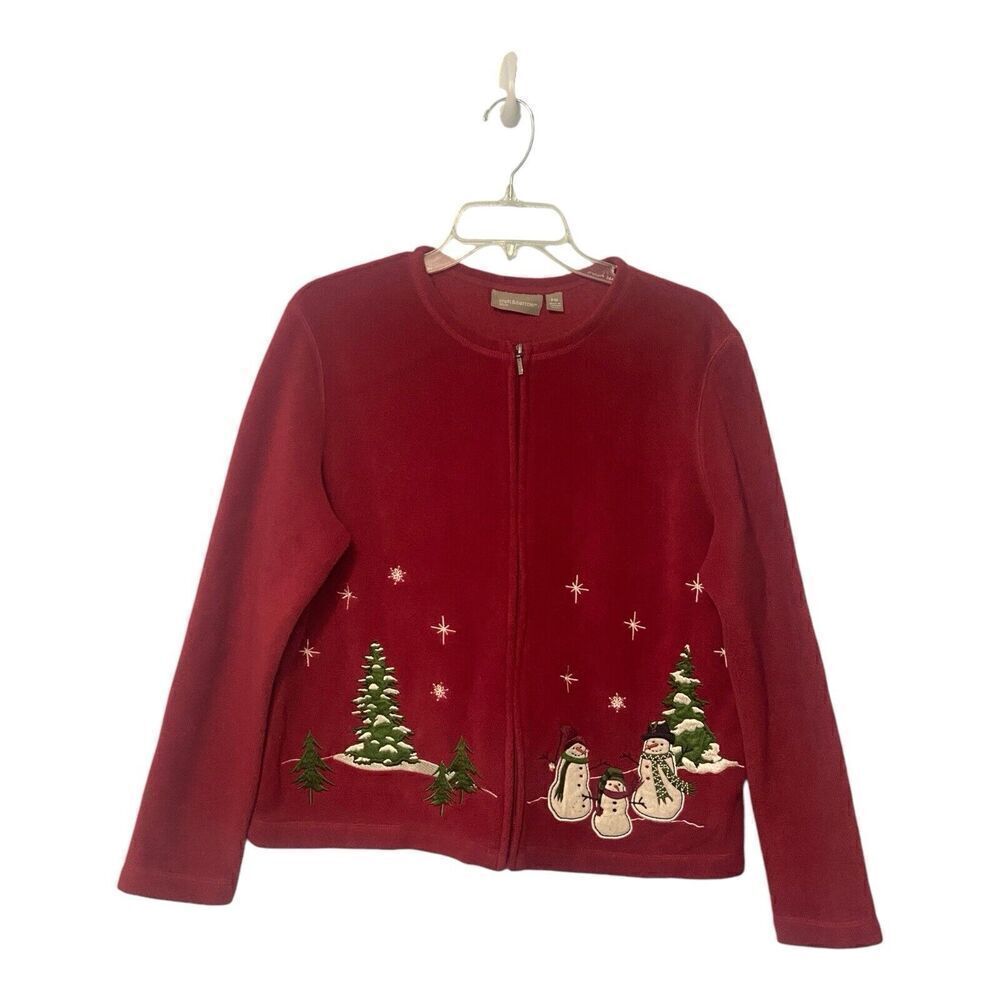 Croft Barrow Christmas Sweater Size PM Full Zip Snowmen Women Red Fleece